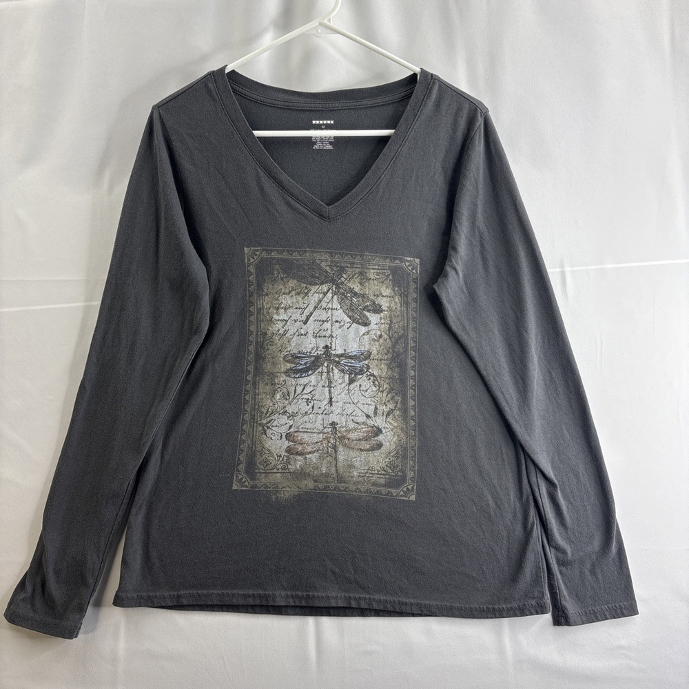 Dragonflies Document V Neck Shirt  Women's Medium Black Long Sleeve